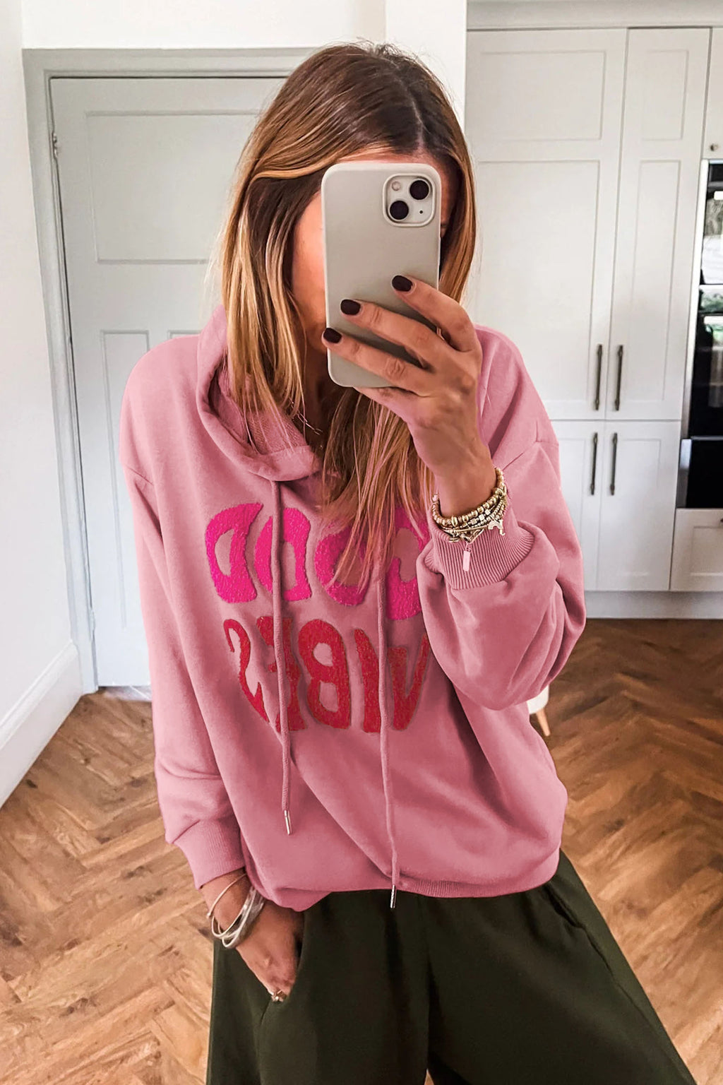 *Gossamer Pink GOOD VIBES Chenille Letter Graphic Casual Hoodie