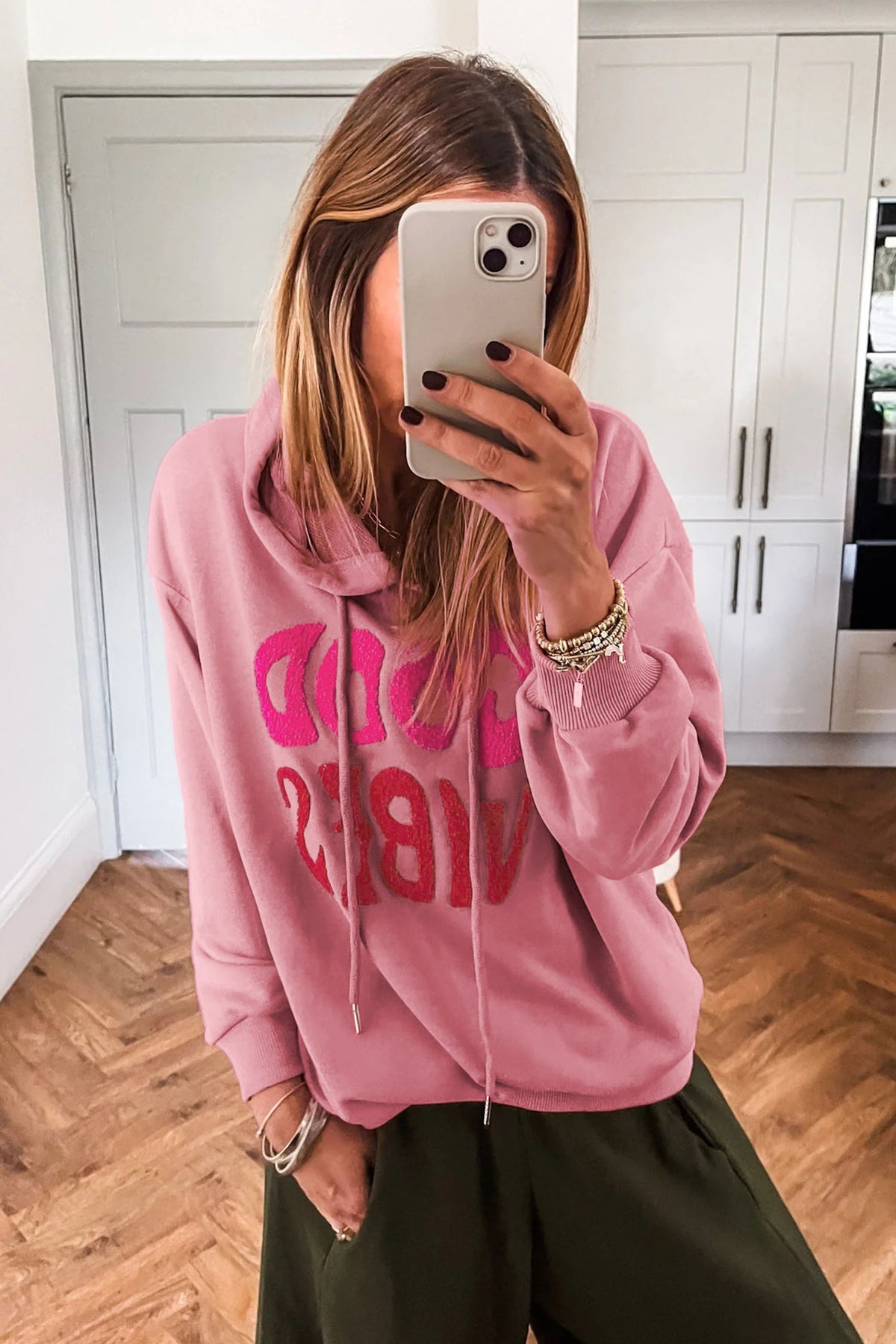 *Gossamer Pink GOOD VIBES Chenille Letter Graphic Casual Hoodie