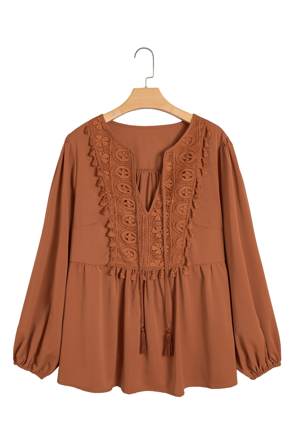 *Chestnut Boho V Neck Embroidered Tassel Long Sleeve Plus Size Blouse