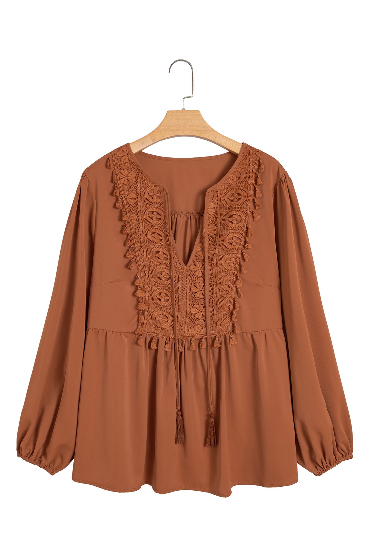 *Chestnut Boho V Neck Embroidered Tassel Long Sleeve Plus Size Blouse
