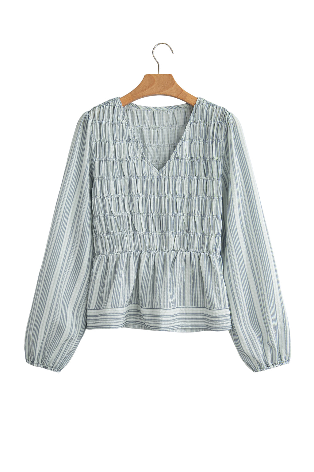 *Blue Stripe V Neck Shirred Long Sleeve Blouse