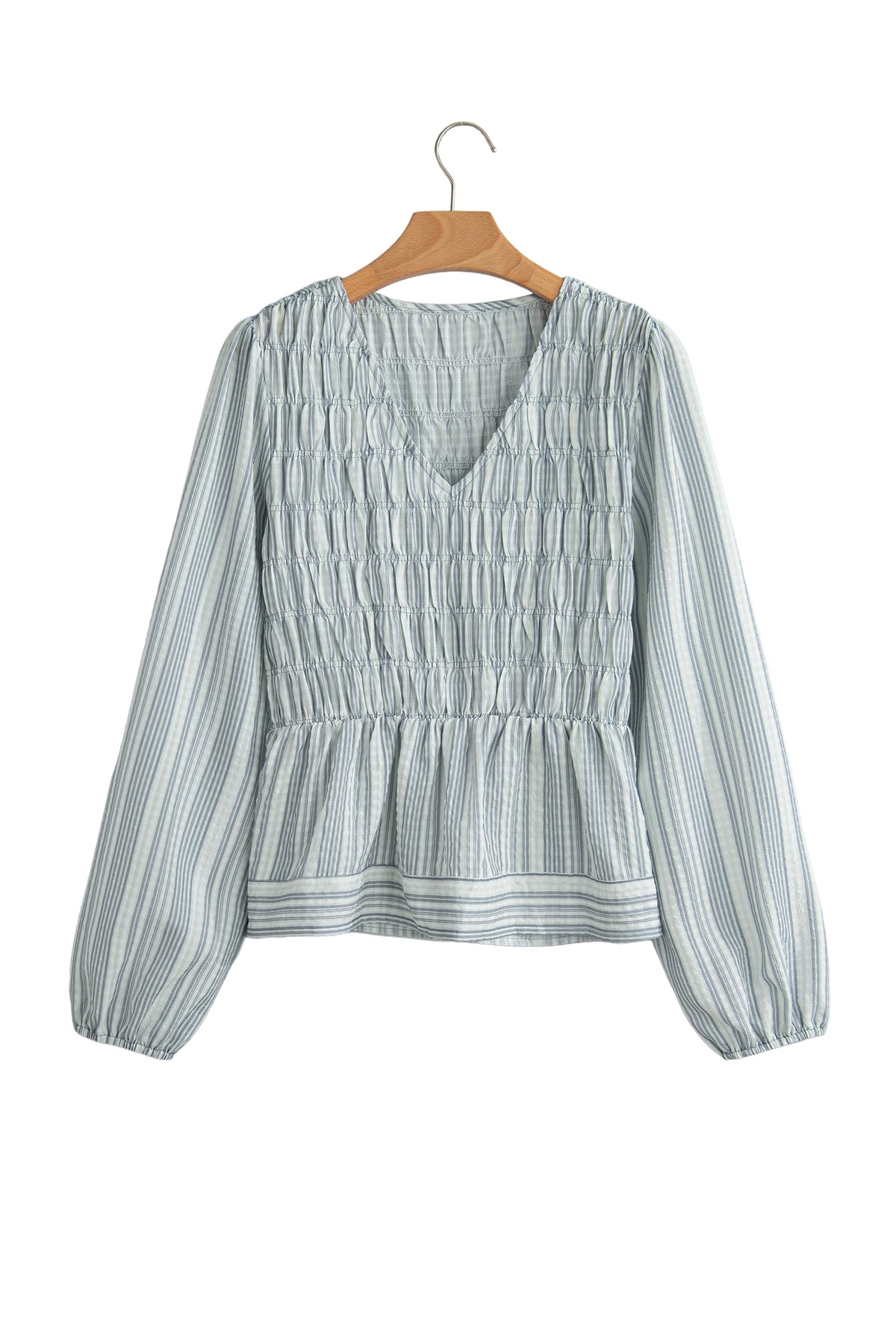 *Blue Stripe V Neck Shirred Long Sleeve Blouse