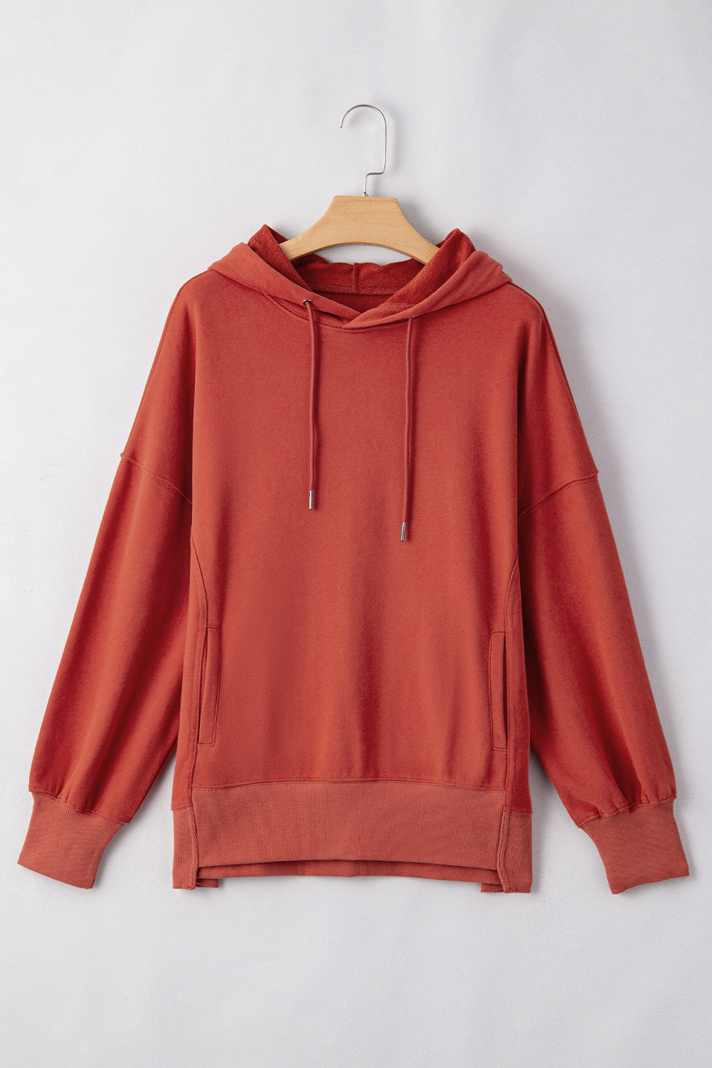 *Red Clay Drop Shoulder Pocketed Baggy Drawstring Hoodie