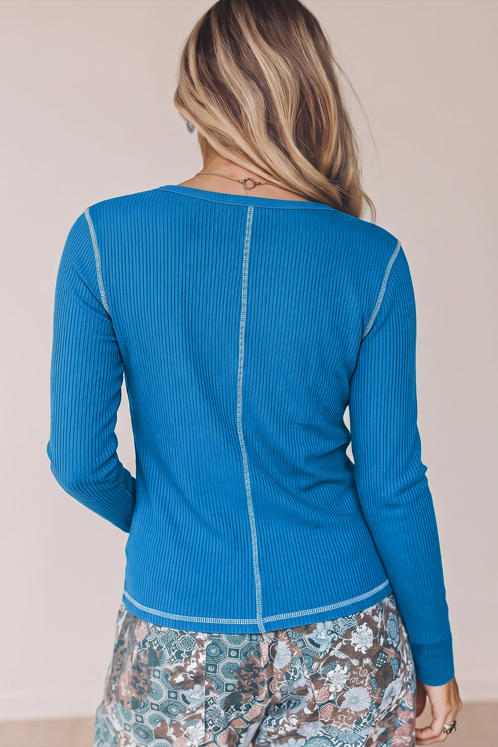 *Peacock Blue V Neck Ribbed Stitched Detail Long Sleeve Top