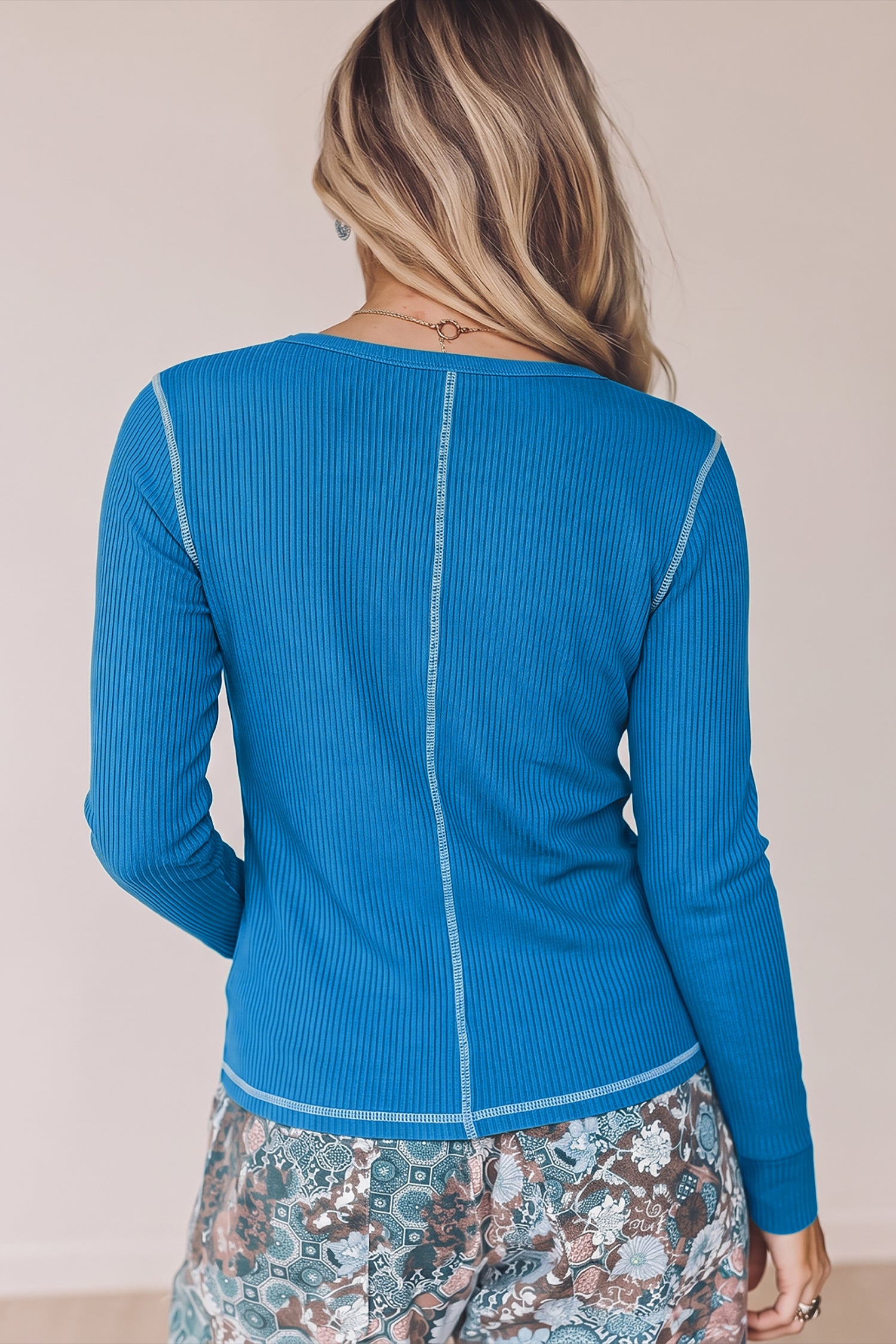 *Peacock Blue V Neck Ribbed Stitched Detail Long Sleeve Top