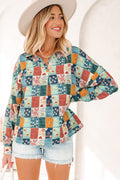 *Sky Blue Floral Collared V Neck Roll up Sleeve Shift Blouse