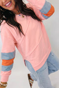 *Pink Colorblock Striped Patchwork Long Sleeve Round Neck Blouse