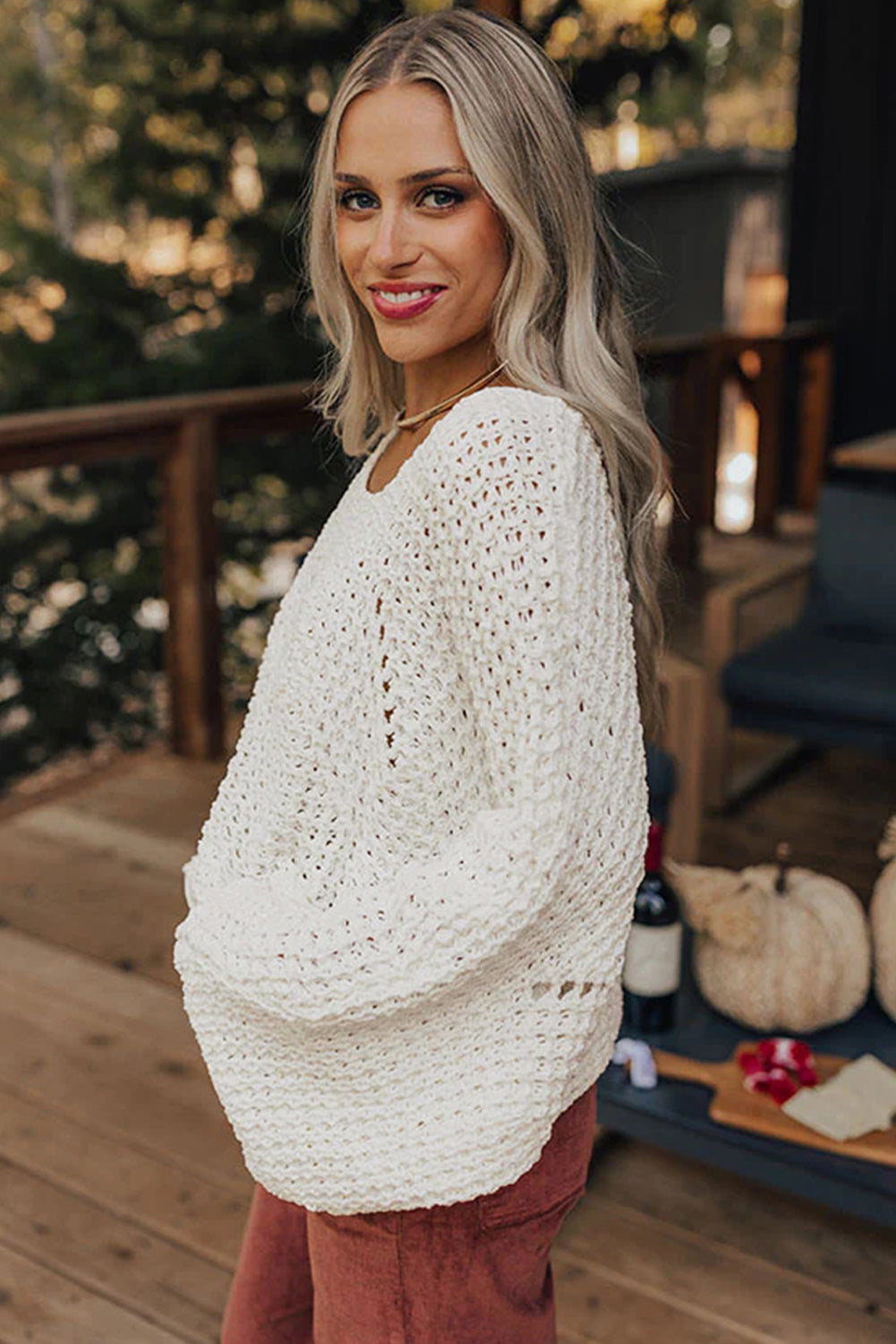 *White Hollowed Detail Wide Sleeve Loose Pullover Sweater