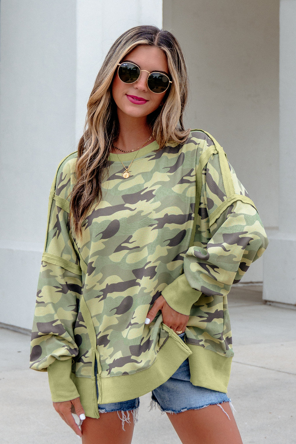 *Green Camouflage Waffle Knit Raw Edge Contrast Trim Oversized Long Sleeve Top