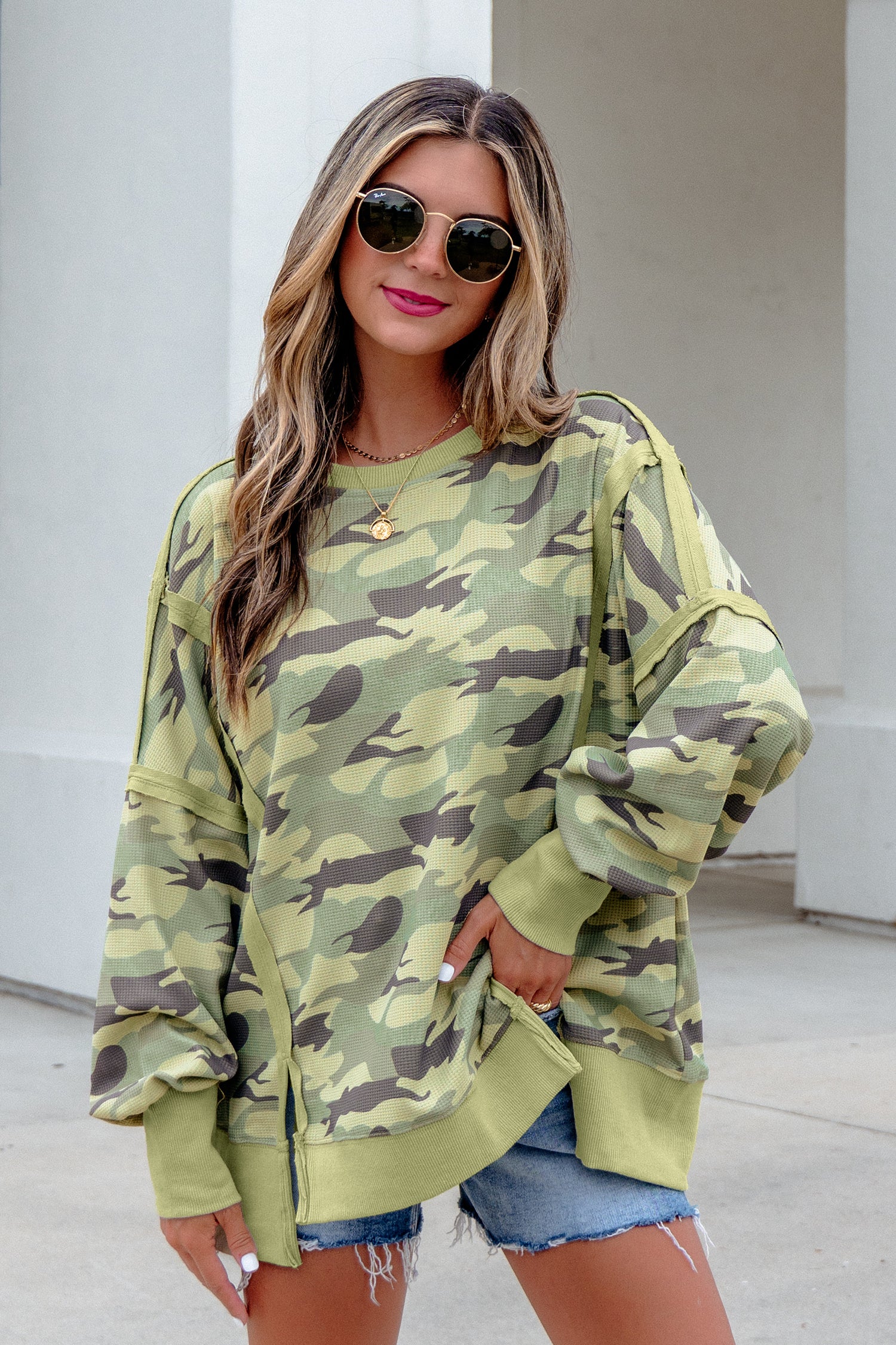 *Green Camouflage Waffle Knit Raw Edge Contrast Trim Oversized Long Sleeve Top