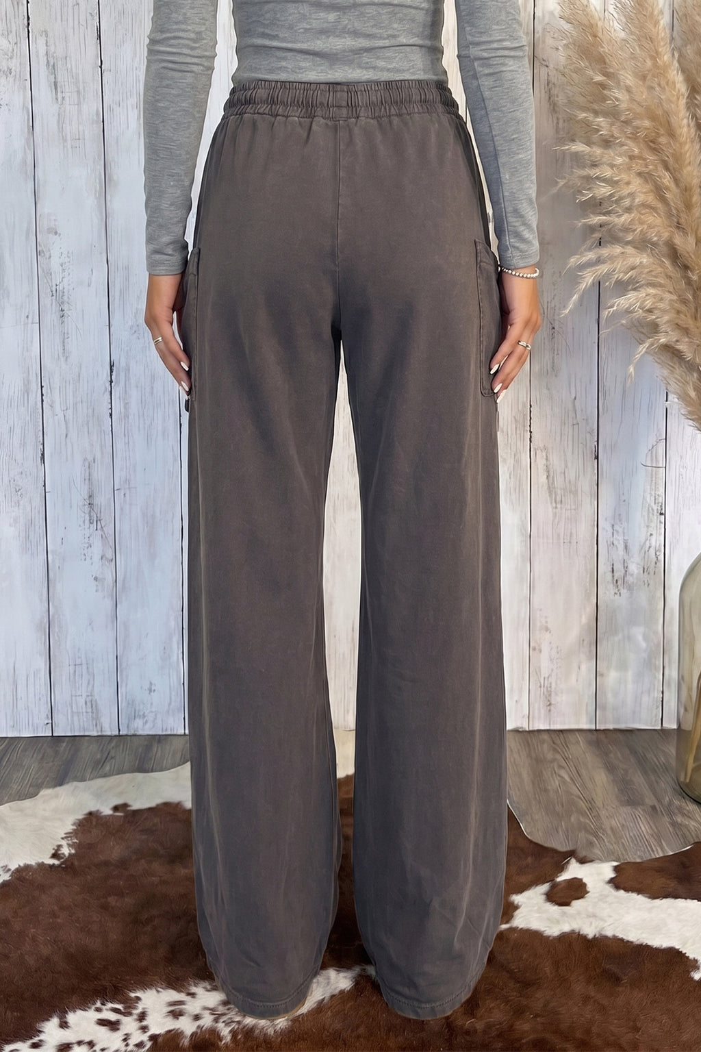 *Dark Brown Cotton Mineral Wash Elastic Waist Drawstring Tie Detail Cargo Pants