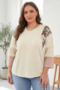*Apricot Camouflage Panel Twist Rib Sleeve Round Neck Loose Fit Plus Size Blouse