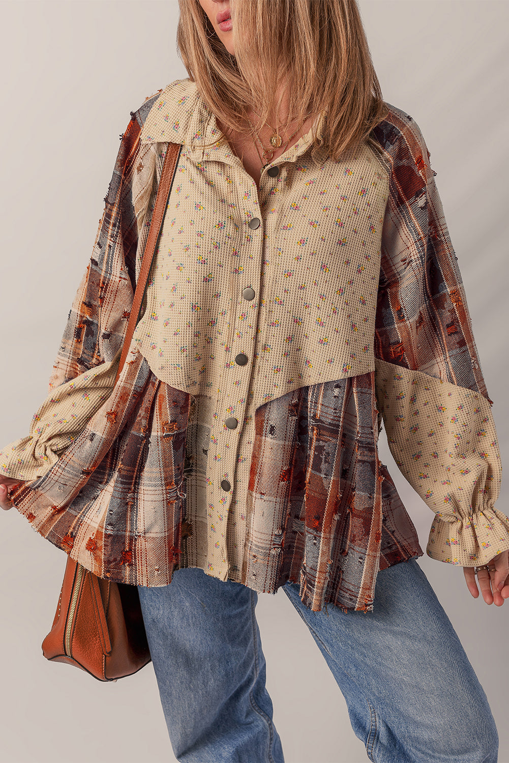 *Oatmeal Boho Floral Plaid Patchwork Distressed Detail Ruffled Sleeve Waffle Knit Shacket