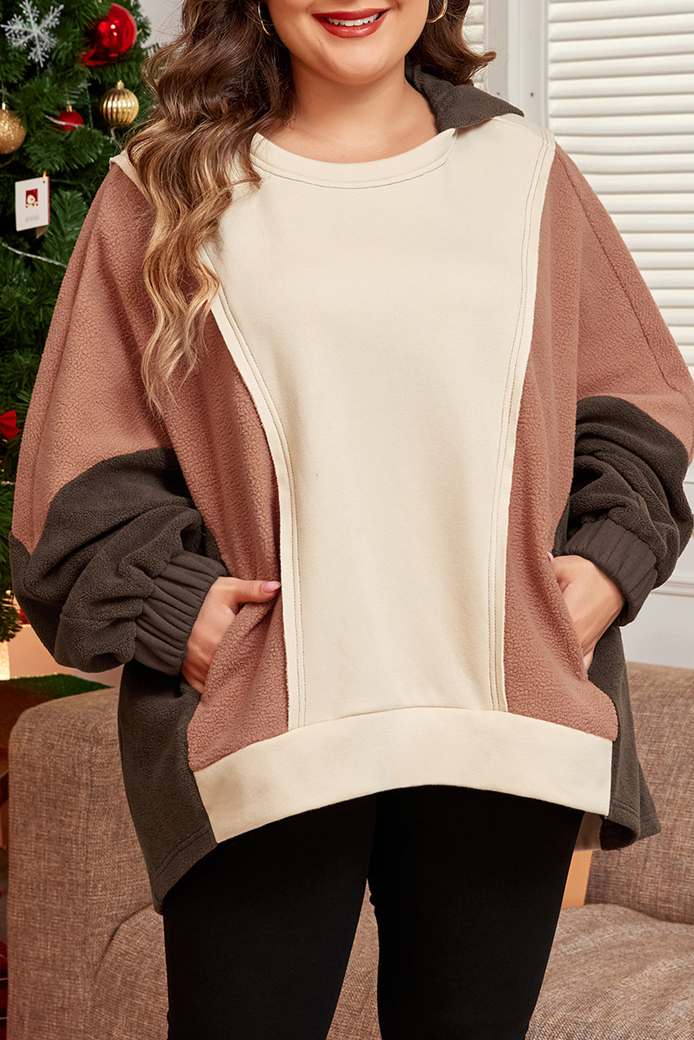 *Brown Exposed Seam Colorblock Plus Size Hoodie