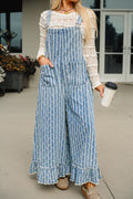 *Myosotis Striped Distressed Ruffled Wide Leg Denim Overalls