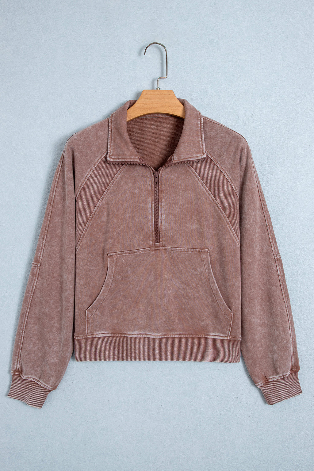*Chestnut Vintage Half-Zip Long Sleeve Ribbed Cuffs Hem Shift Silhouette Sweatshirt