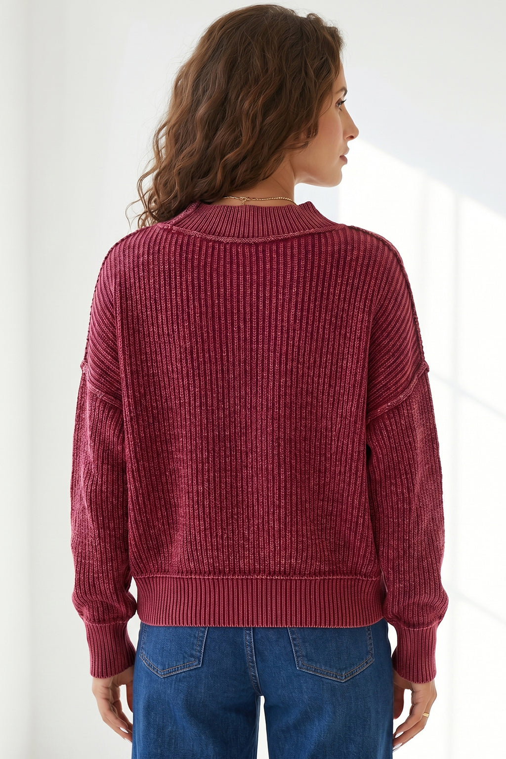 *Red Dahlia Drop Shoulder High Neck Ribbed Sweater