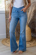 *Dusk Blue Crossed Waist Western Flared Full-length Jeans