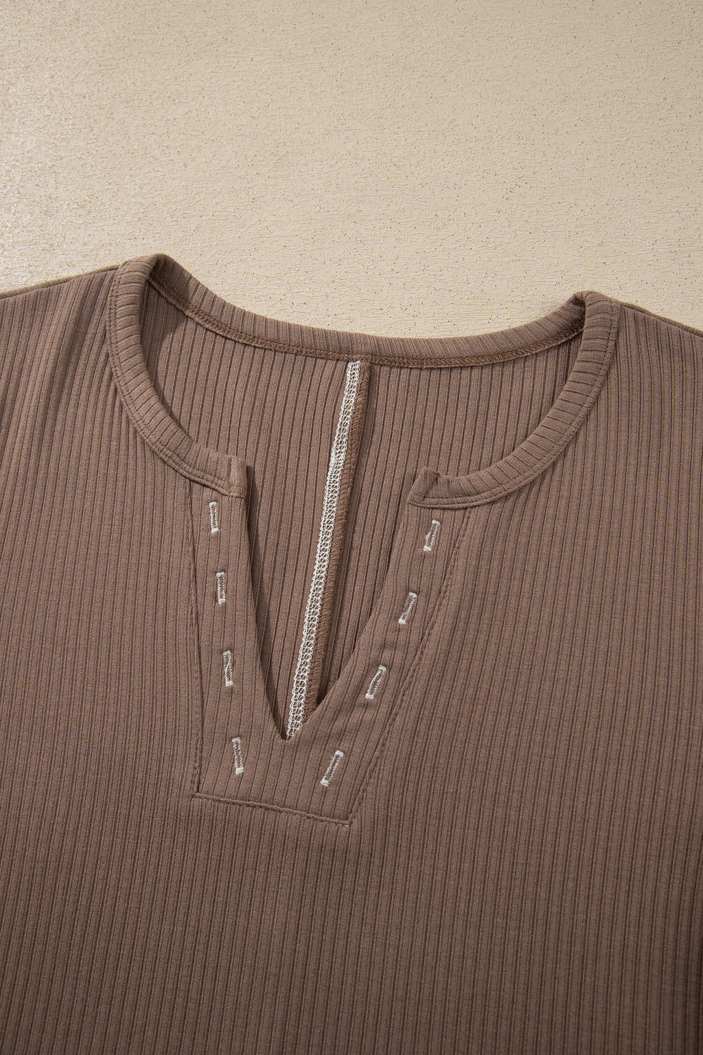 *Dark Khaki V Neck Ribbed Stitched Detail Long Sleeve Top