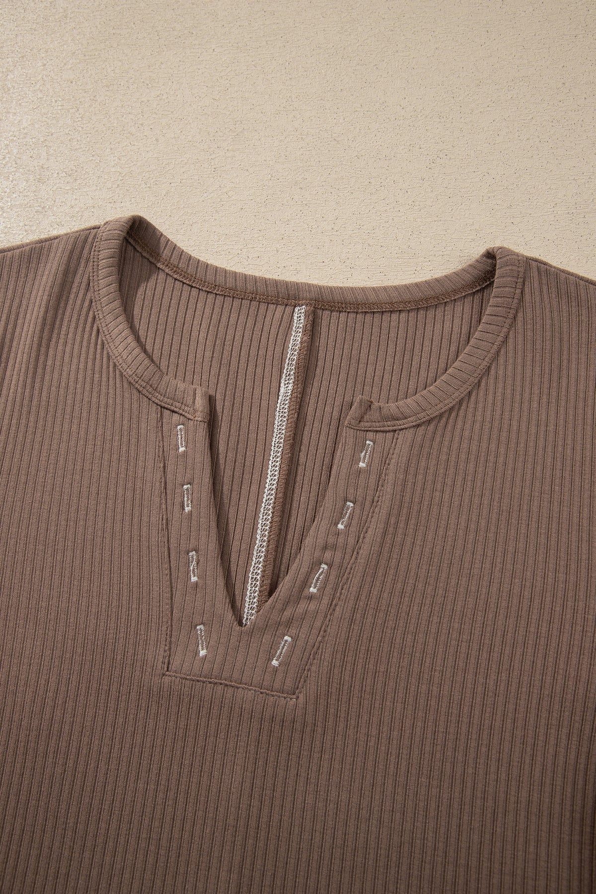 *Dark Khaki V Neck Ribbed Stitched Detail Long Sleeve Top