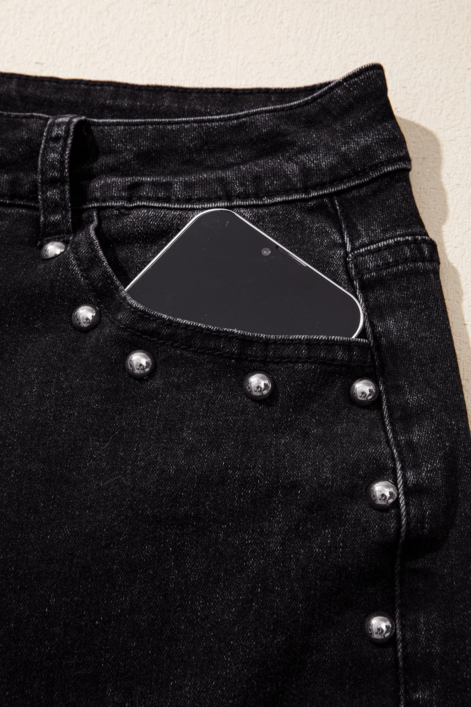 *Navy Blue Studded Detail Straight Leg Casual Loose Jeans