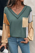 *Four Leaf Clover Exposed Stitching Colorblock V Neck Long Sleeve Top