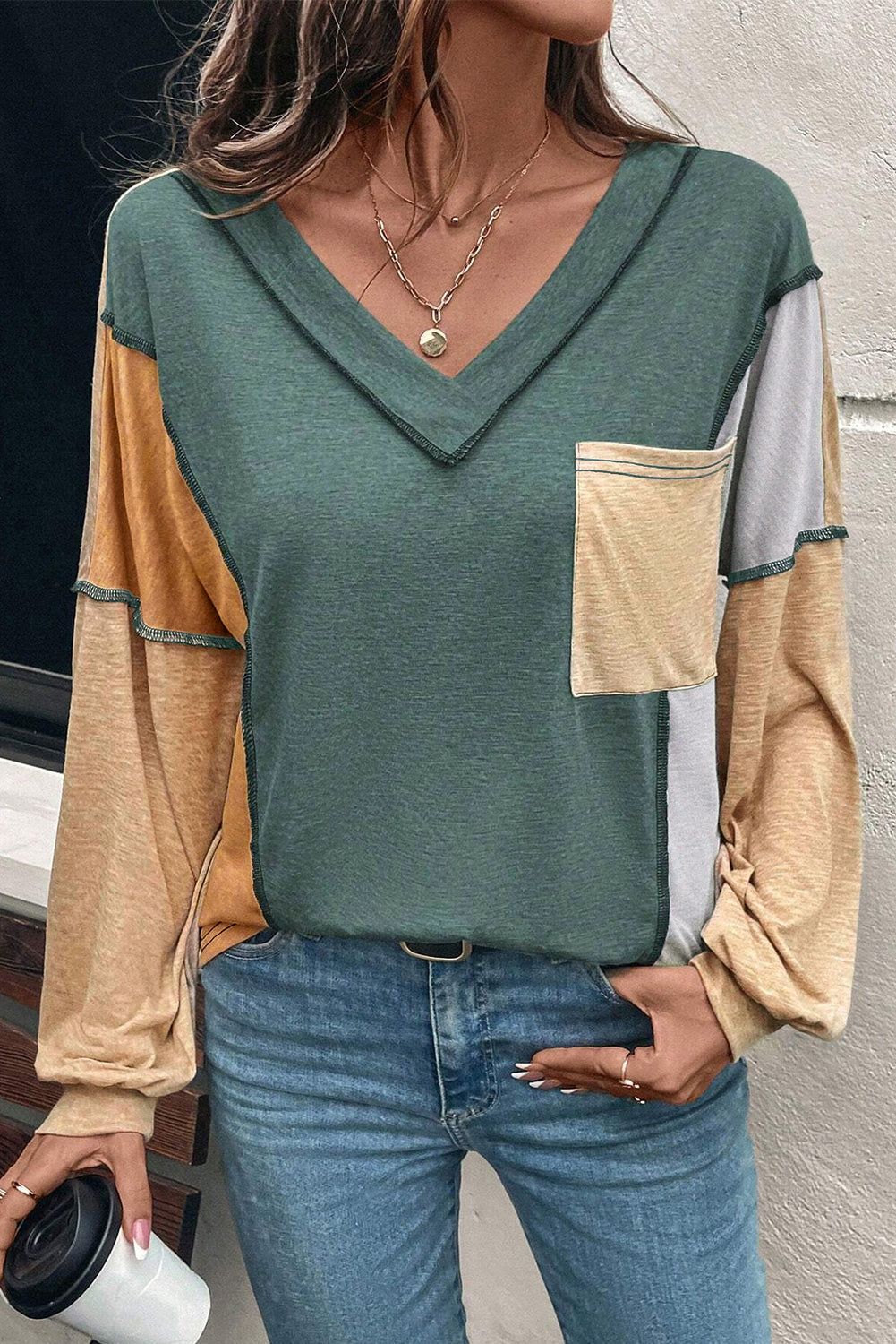 *Four Leaf Clover Exposed Stitching Colorblock V Neck Long Sleeve Top
