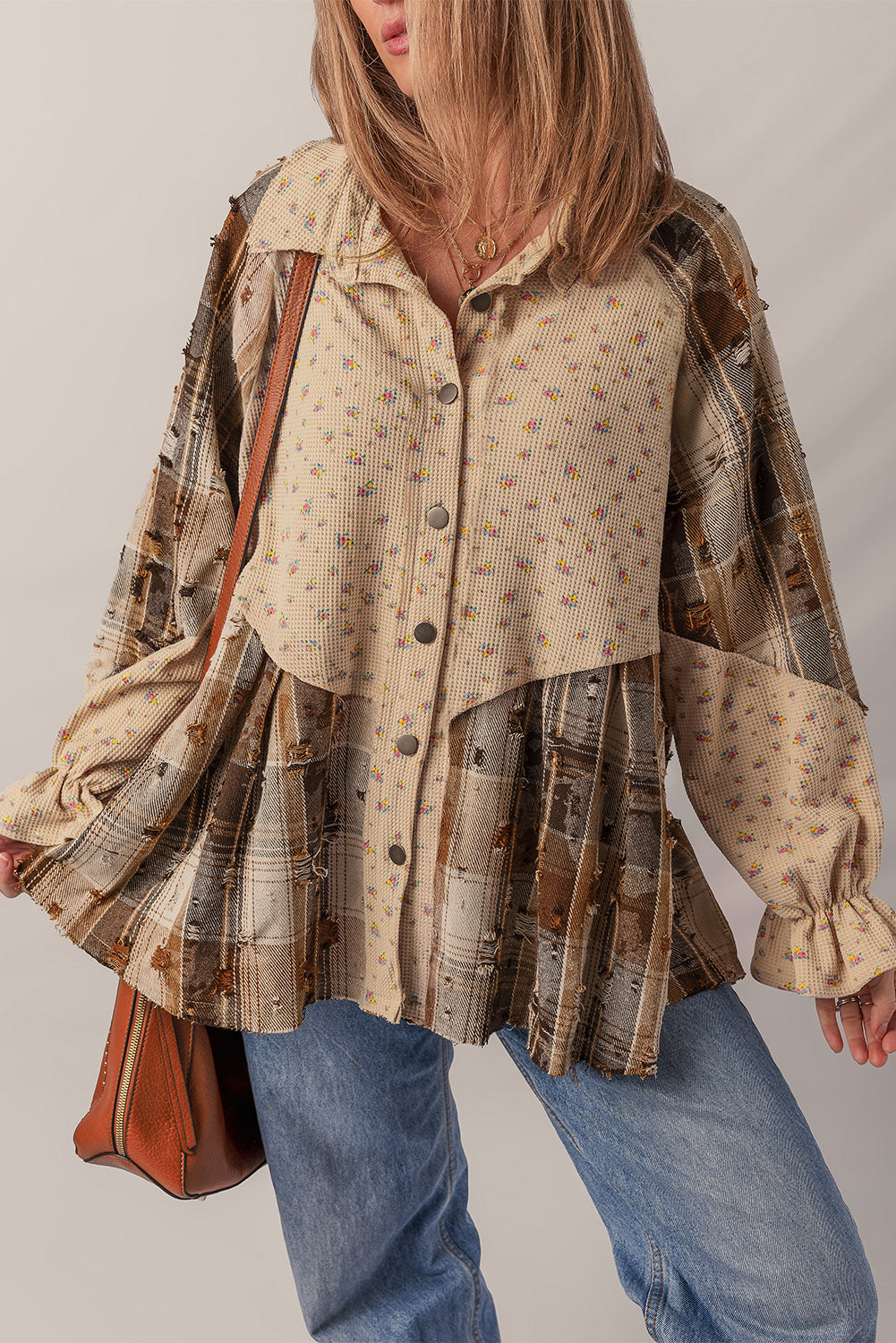 *Oatmeal Boho Floral Plaid Patchwork Distressed Detail Ruffled Sleeve Waffle Knit Shacket