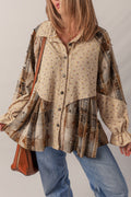 *Oatmeal Boho Floral Plaid Patchwork Distressed Detail Ruffled Sleeve Waffle Knit Shacket