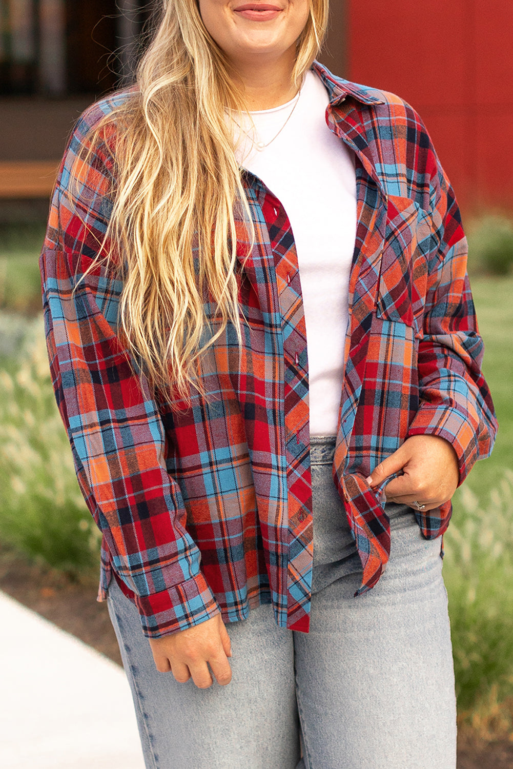*Red Plus Size Plaid Print Buttoned Shirt