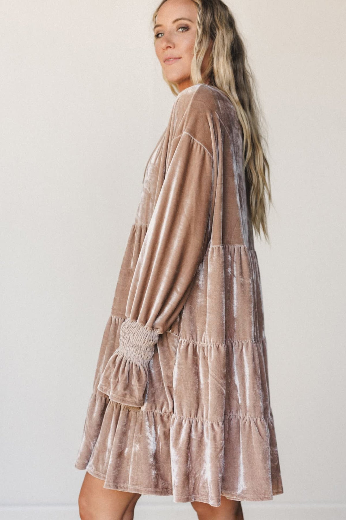 *Smoke Gray Solid Color V Neck Velvet Tiered Long Sleeve Dress