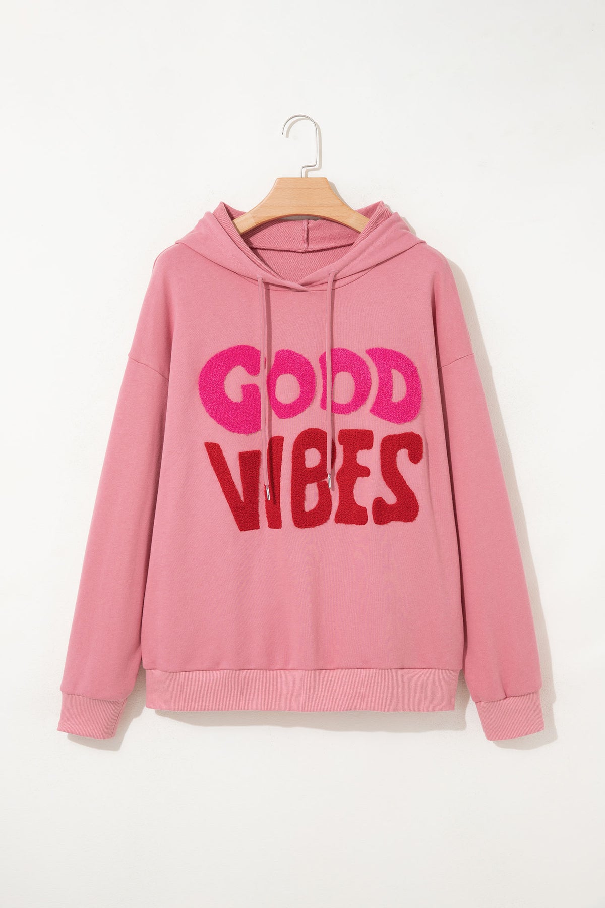 *Gossamer Pink GOOD VIBES Chenille Letter Graphic Casual Hoodie