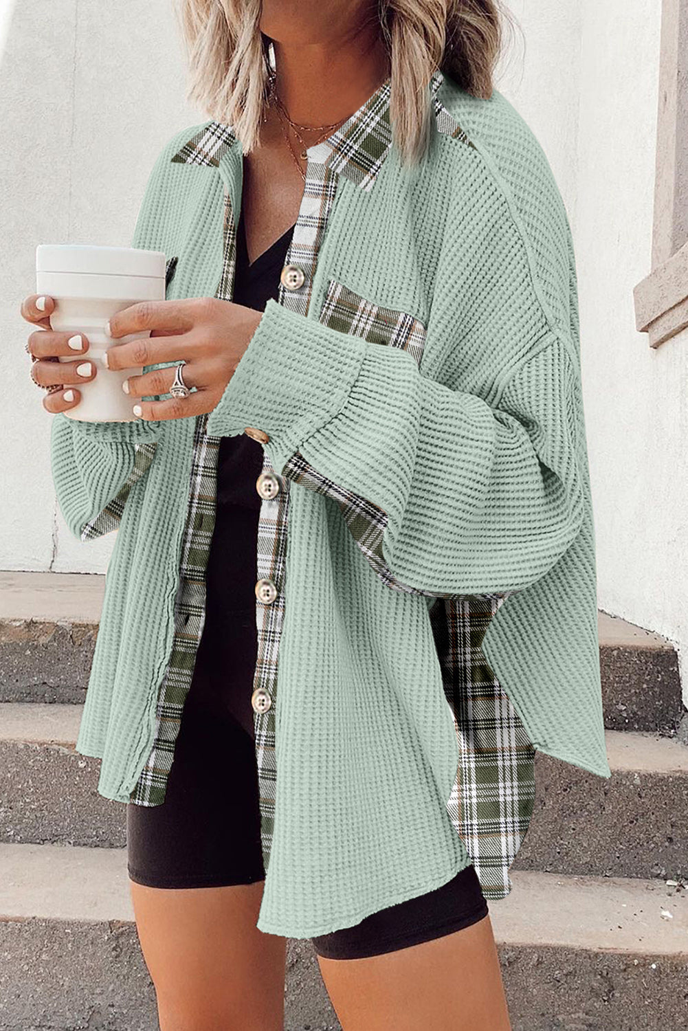*Grass Green Plaid Patchwork Waffle Thermal Knit Shacket
