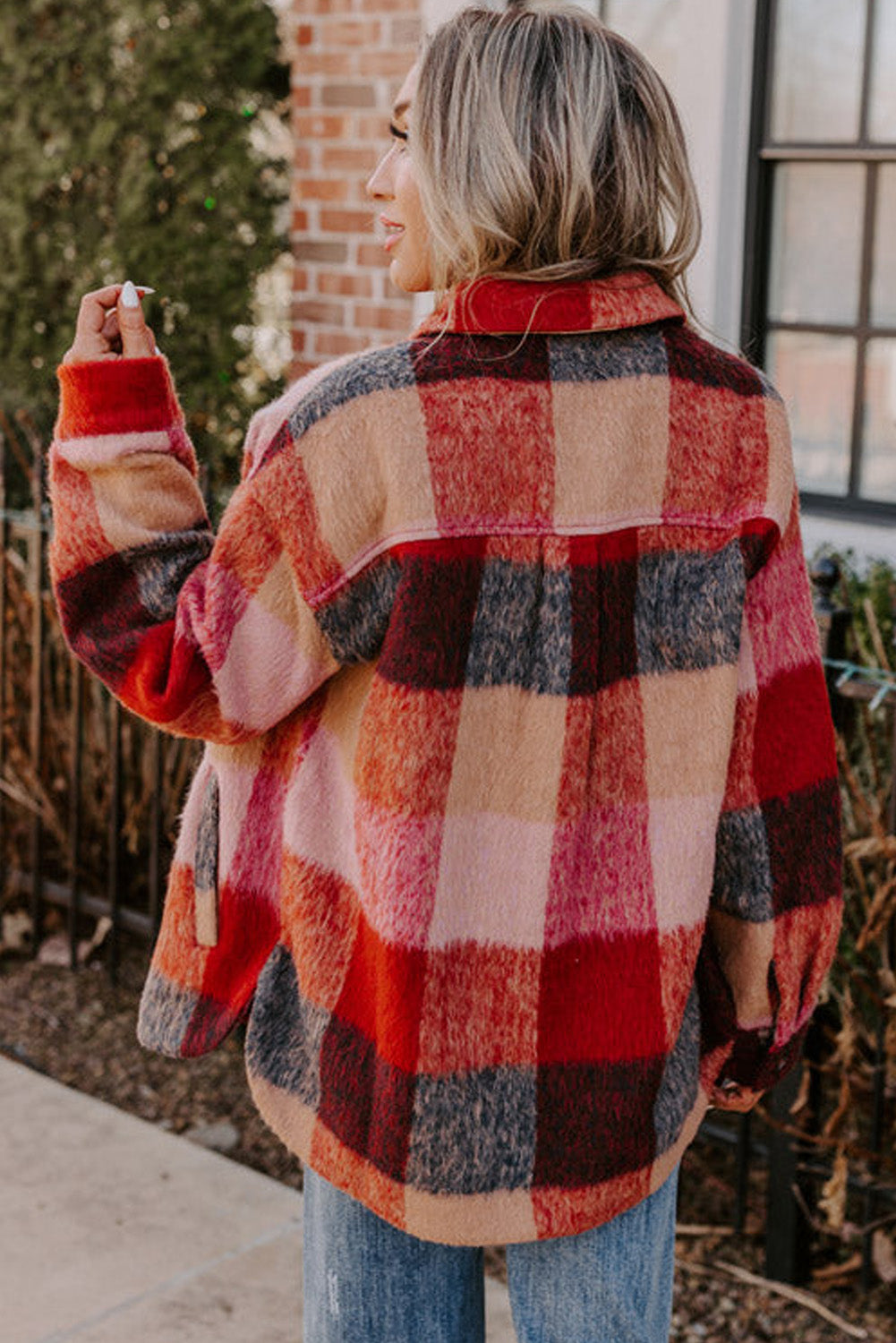 *Orange Plaid Print Flap Pockets Buttoned Casual Plus Size Jacket