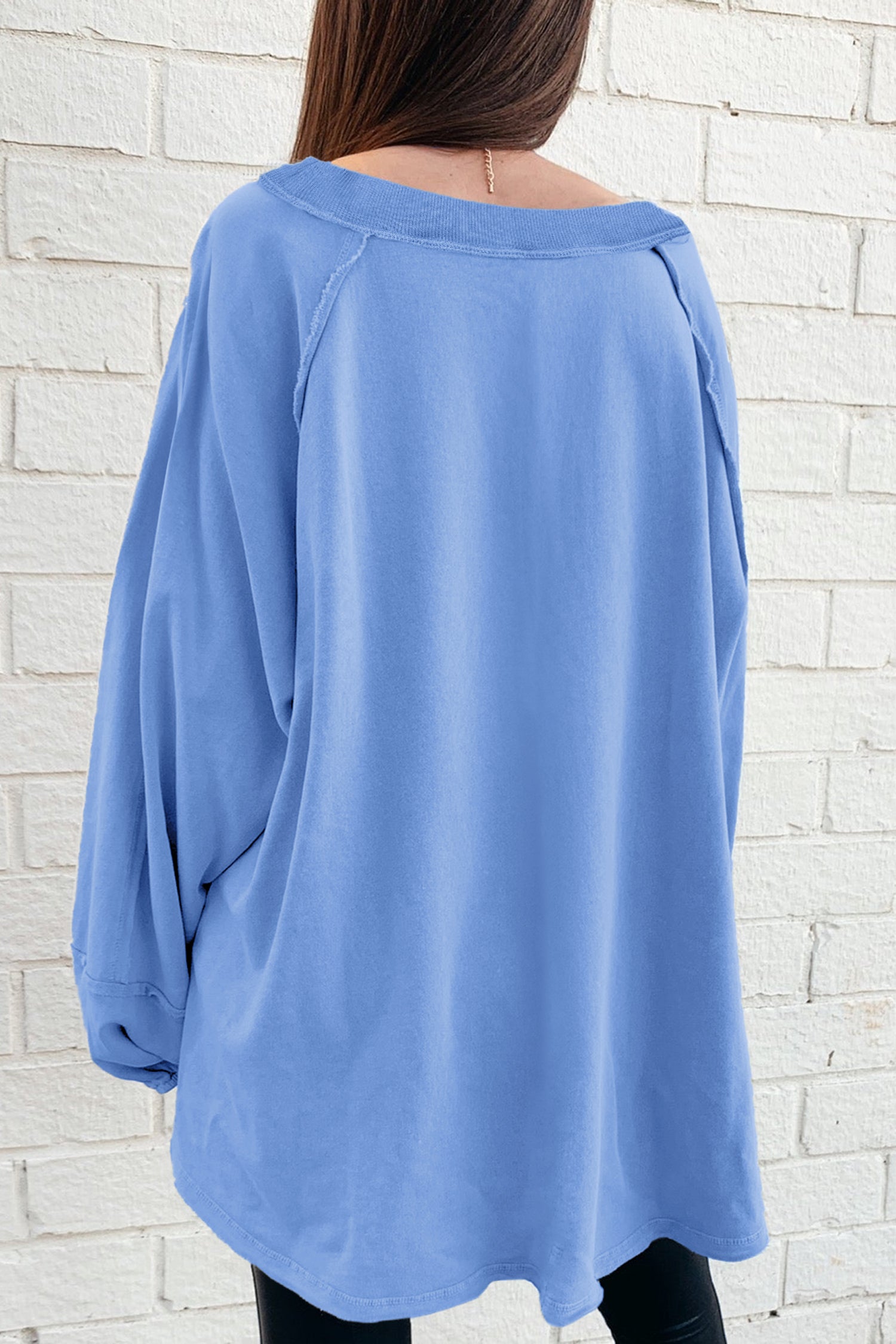 *Beige Solid Color Raw Seam Patchwork Baggy Sweatshirt