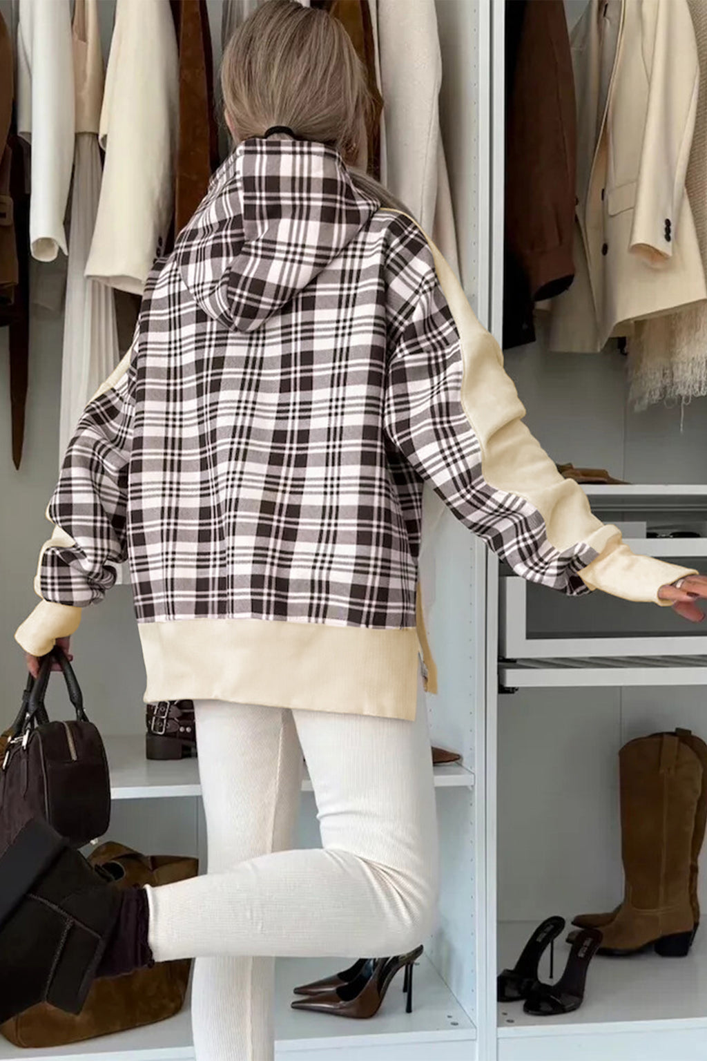 *Beige Plaid Patchwork Side Slit Sweatshirt