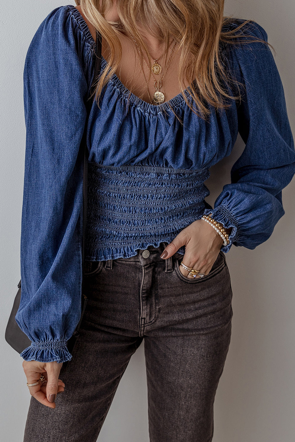 *Dark Blue Smocked Ruffled Puff Sleeve V Neck Denim Blouse