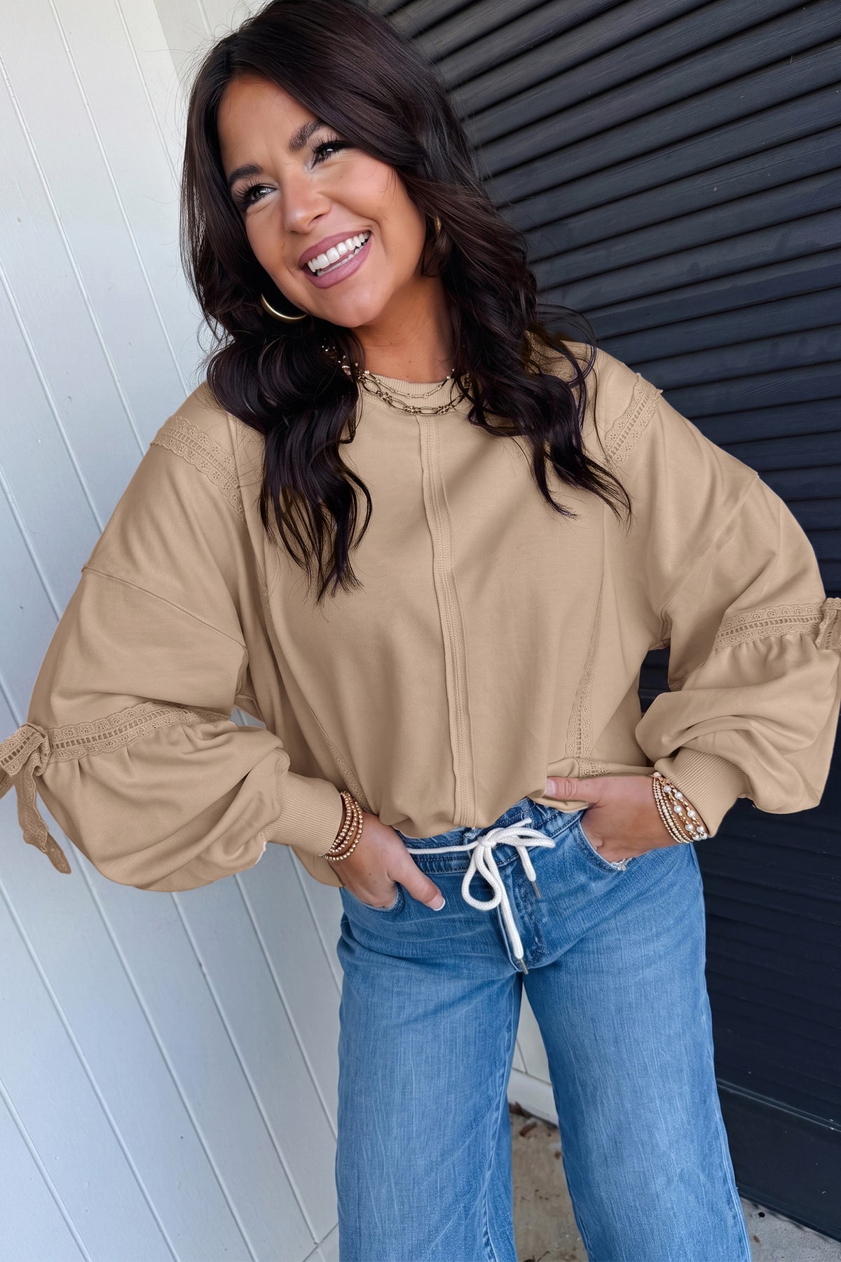 *Parchment Solid Color Raw Seam Lace Detail Loose Casual Sweatshirt