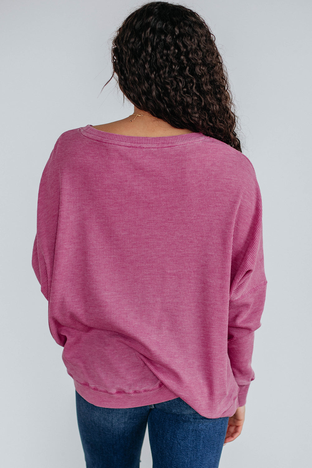 *Dark Brown Waffle Knit Patchwork Long Sleeve Loose Top