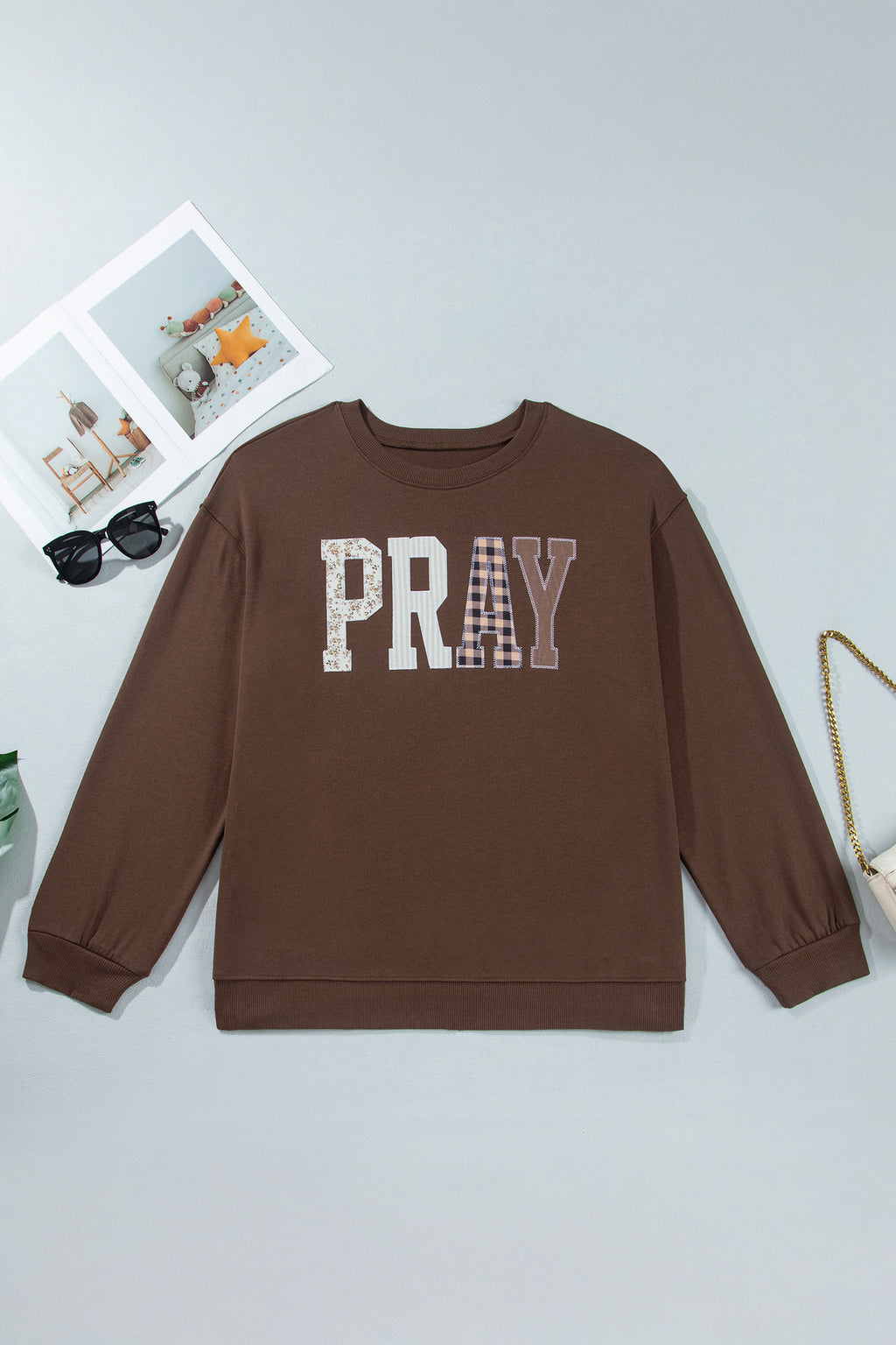 *Coffee PRAY Letter Patchwork Round Neck Long Sleeve Plus Size Sweatshirt