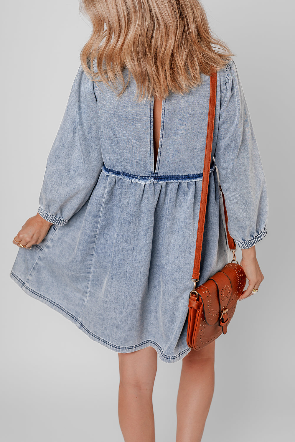 *Beau Blue Light Wash High Waist Loose Fit Denim Mini Dress