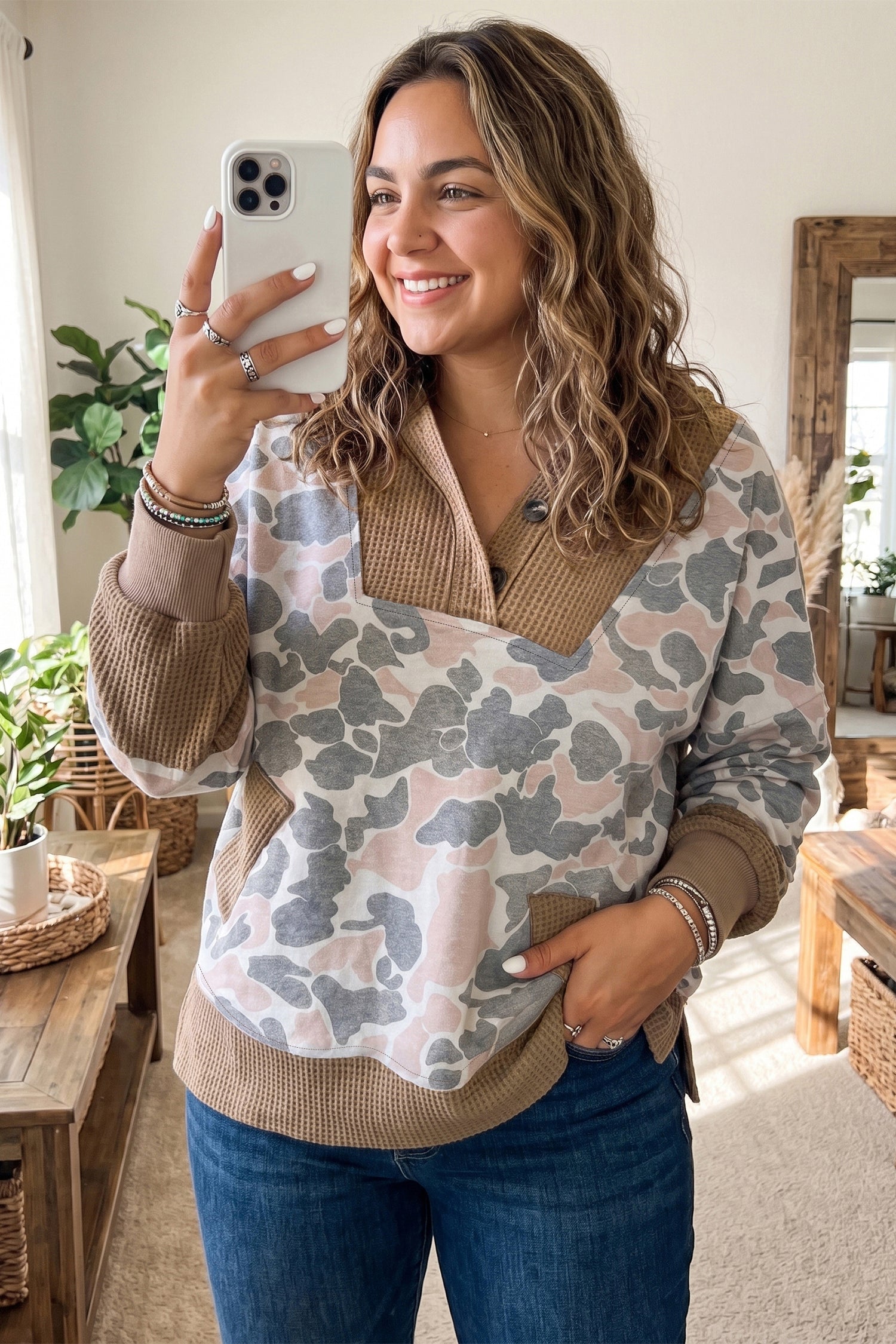 *Khaki Camouflage Print Waffle Knit Patchwork Half Zip Plus Size Hoodie