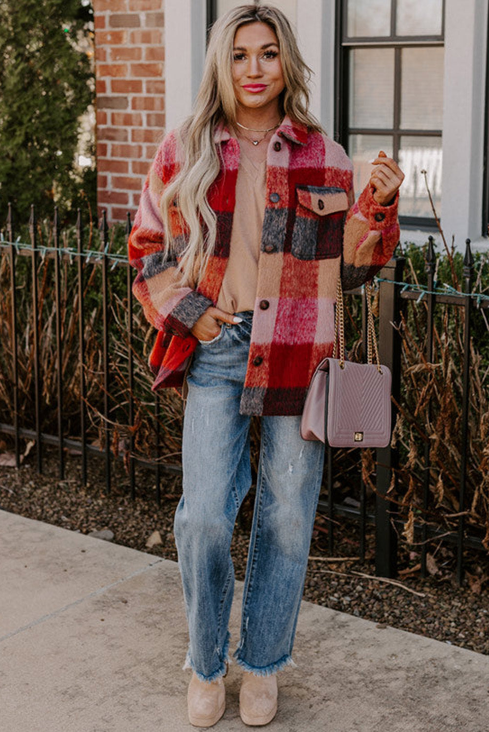 *Orange Plaid Print Flap Pockets Buttoned Casual Plus Size Jacket