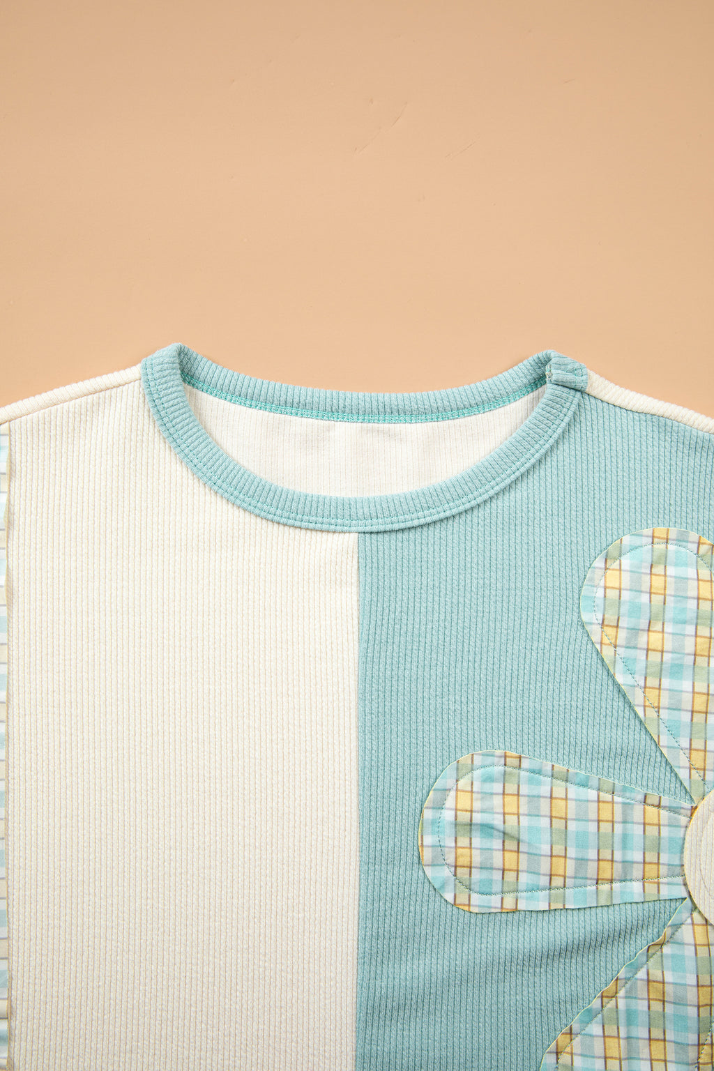 *Light Blue Plaid Patchwork Round Neck Long Sleeve Top