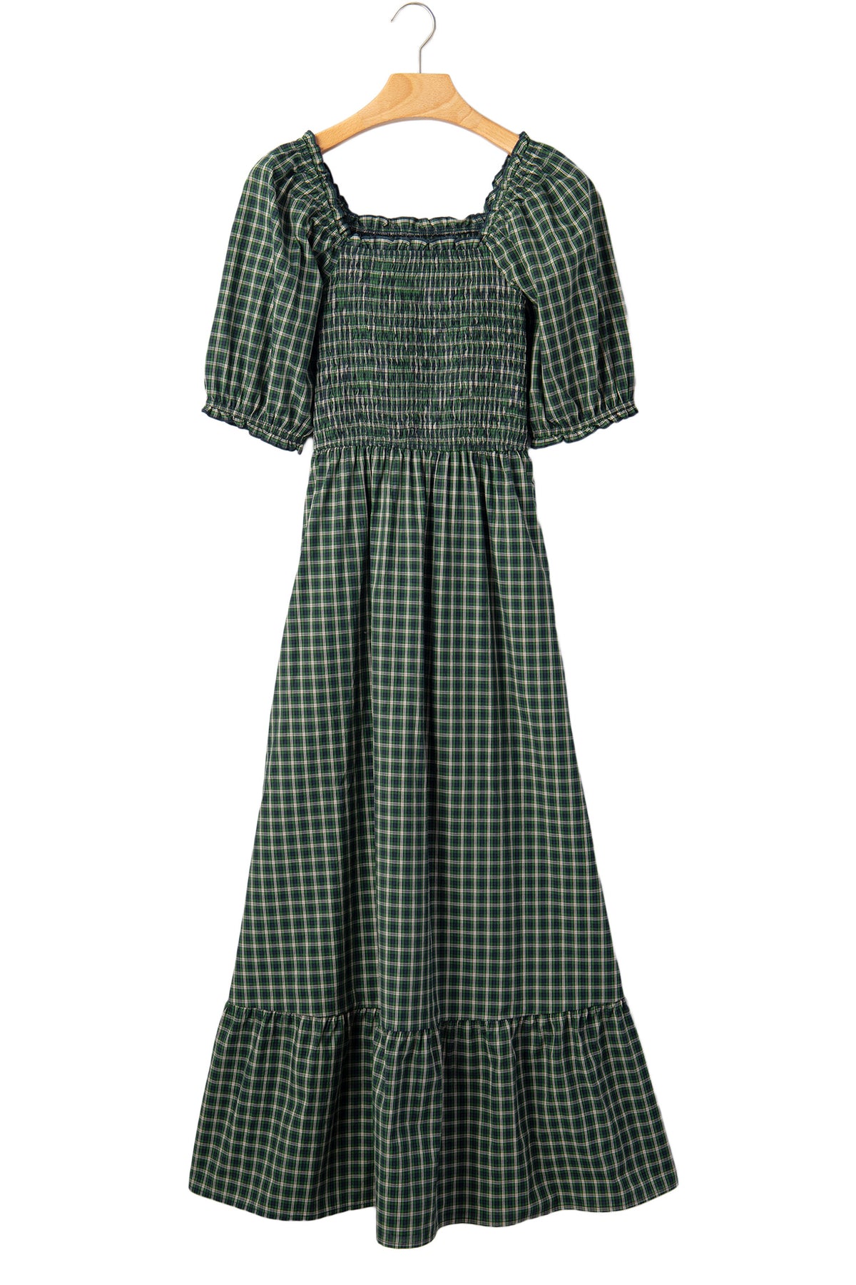 *Green Plaid Square Neck Shirred High Waist Ruffle Hem Dress