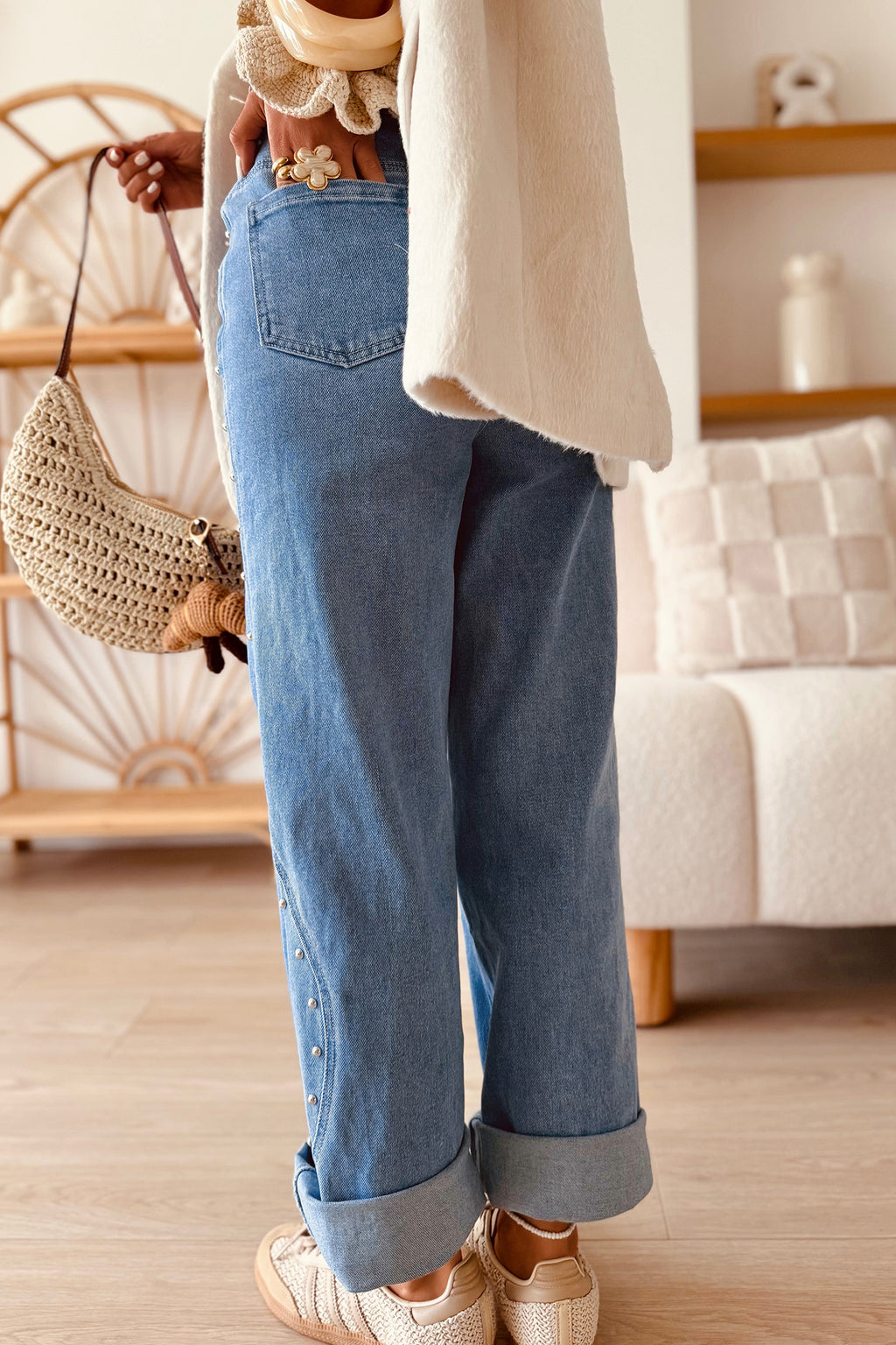 *Coffee Side Seam Rivet Detail Ankle Length Casual Jeans