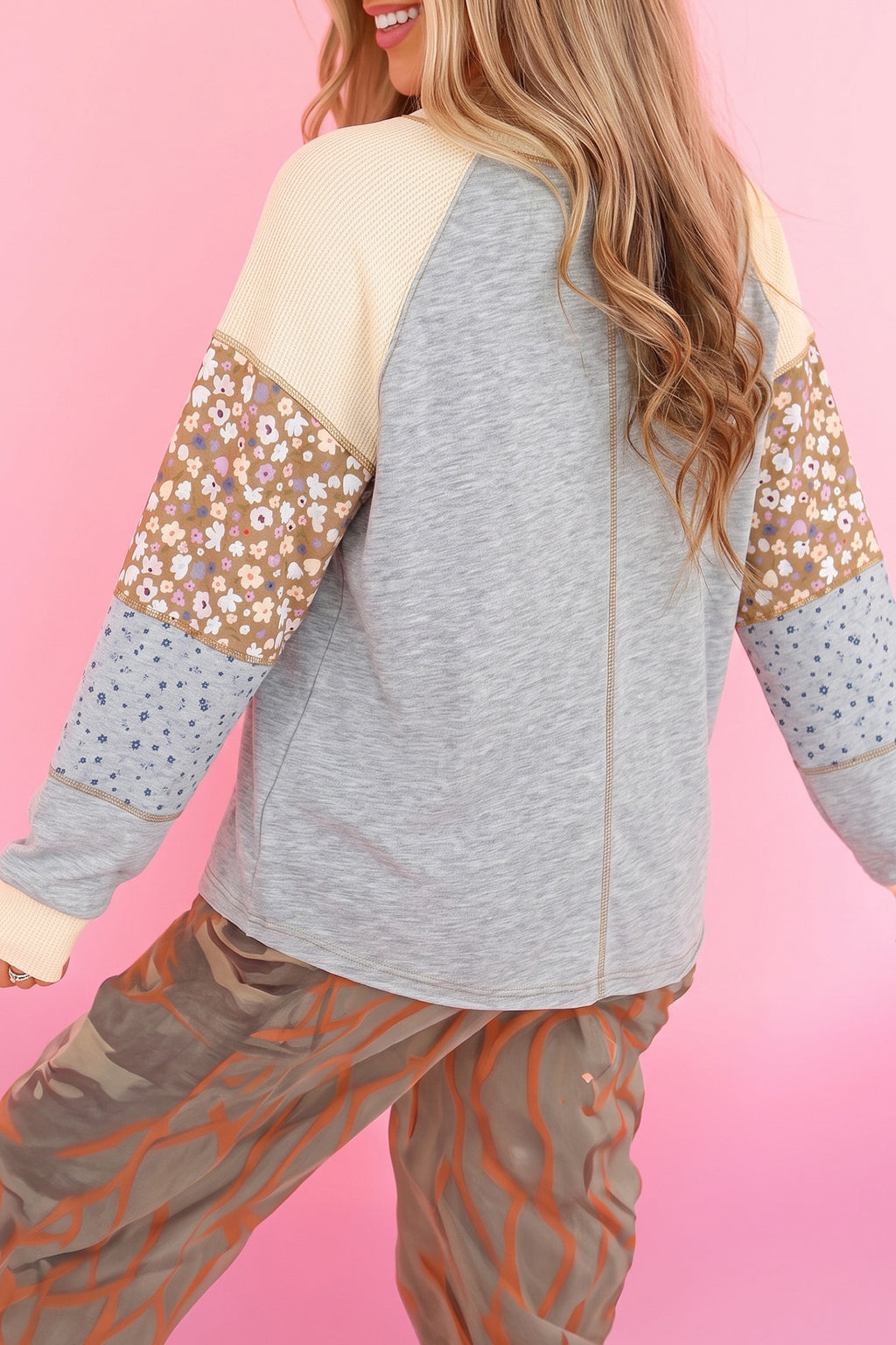 *Light Grey Color Block Floral Waffle Mixed Patchwork Long Sleeve Top