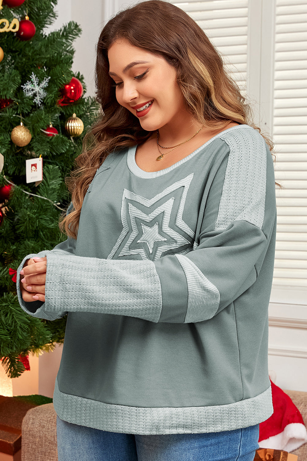 *Mist Green Stars Patchwork Round Neck Plus Size T Shirt