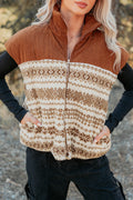 *Brown Geometric Print Fleece Metal Zipper Collar Patchwork Design Vest