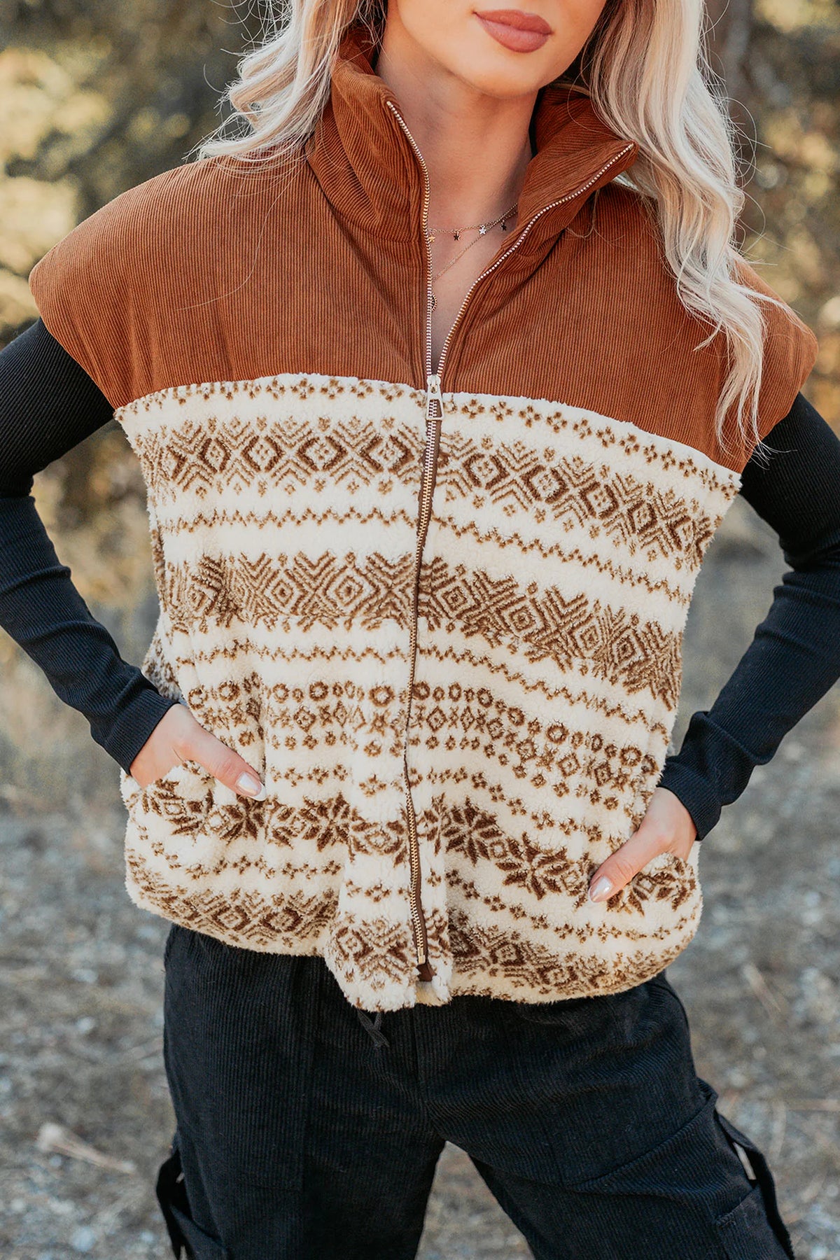 *Brown Geometric Print Fleece Metal Zipper Collar Patchwork Design Vest